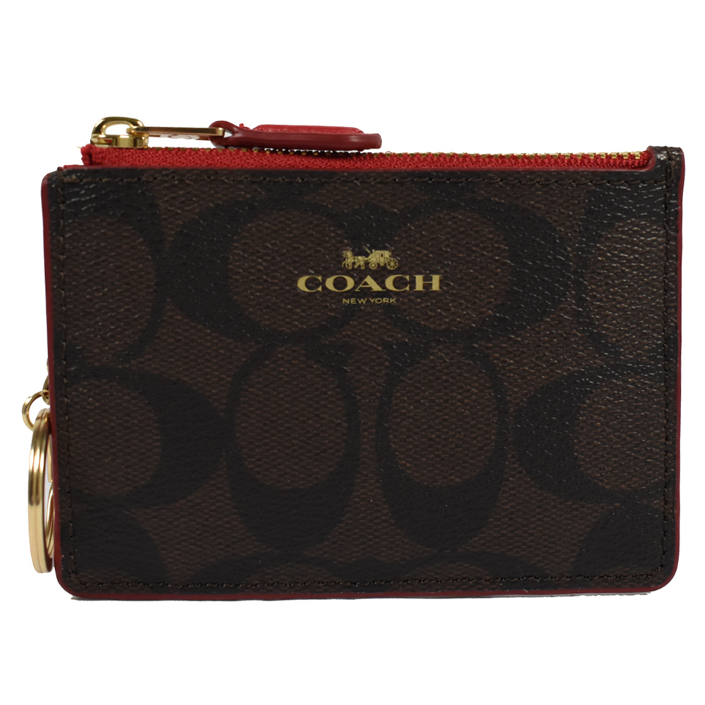 COACH 燙印LOGO經典PVC方型鑰匙零錢包(深咖紅)