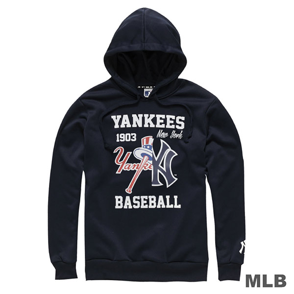 MLB-紐約洋基隊連帽鏡像印花長袖厚T恤-深藍(男)