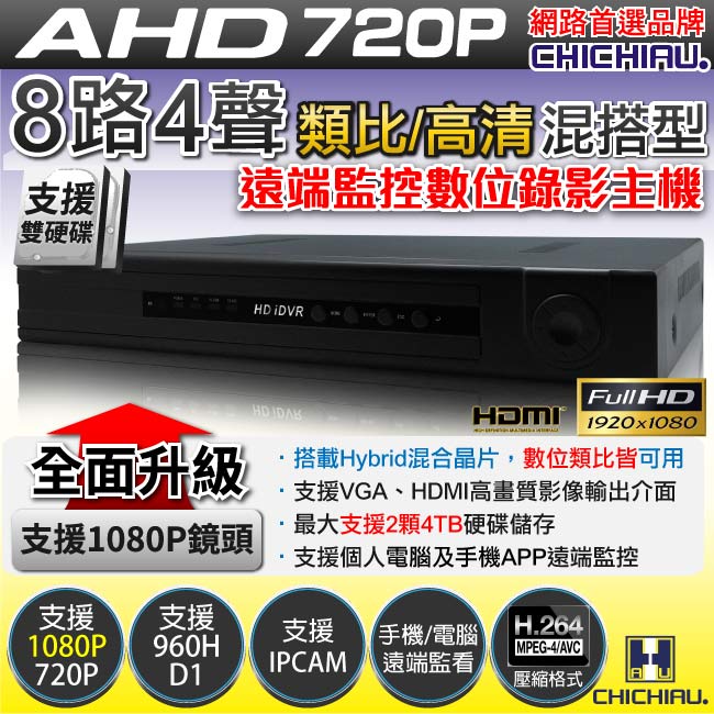 奇巧 8路AHD 720P混搭型相容數位類比鏡頭 智慧型遠端數位監控錄影機