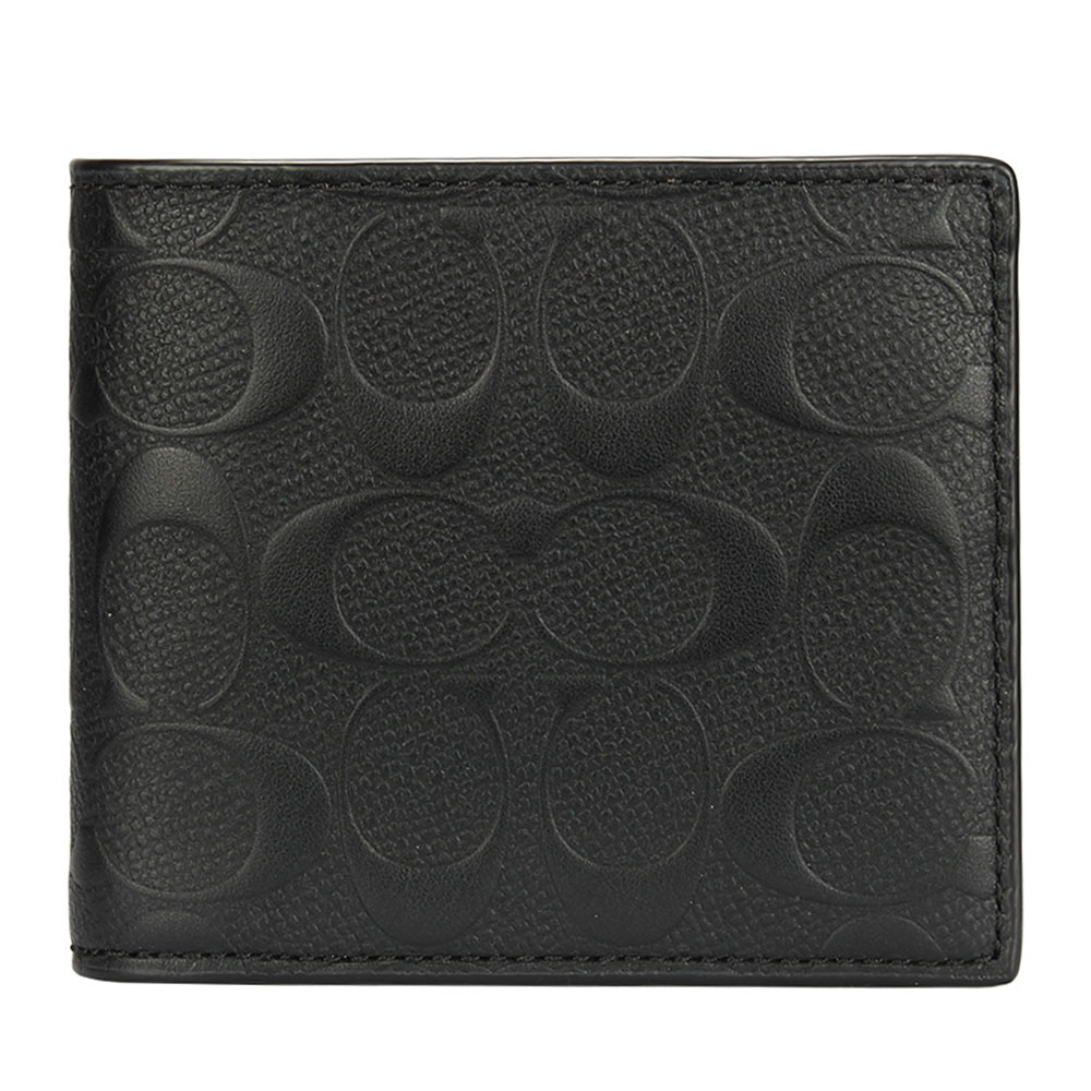COACH 防刮皮革經典C LOGO壓紋8卡短夾(附可拆式證件夾)-黑色