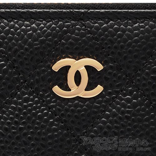 CHANEL 經典菱格壓紋雙C LOGO魚子醬牛皮金釦拉鍊長夾(黑色)