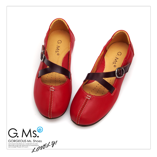G.Ms. MIT系列-俏麗真皮雙斜帶娃娃便鞋- 熱情紅