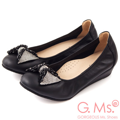 G.Ms. MIT系列-牛皮鑽飾串珠蝴蝶結小坡跟鞋-迷人黑