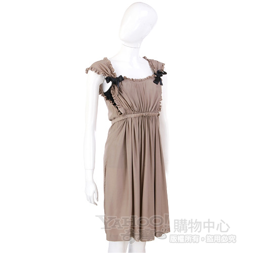 PAOLA FRANI 卡其色皺褶蝴蝶結飾洋裝