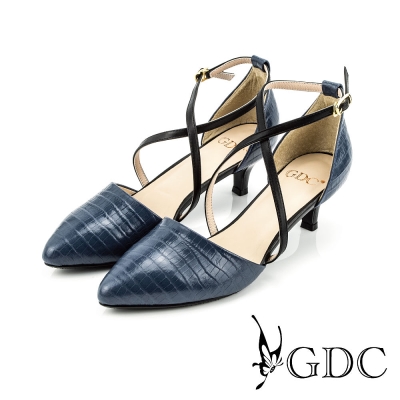 GDC-都會時尚鱷魚紋交叉雙繞側扣帶真皮尖頭低跟鞋-藍色