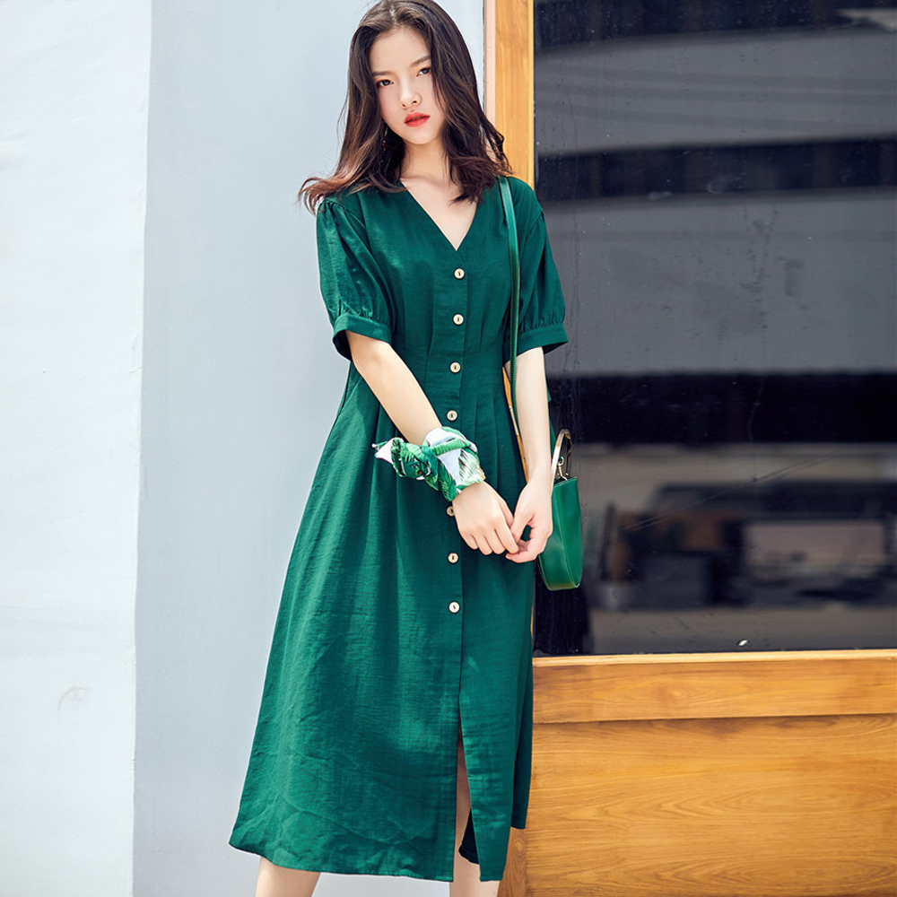 性感V領單排釦設寬鬆洋裝 (綠色)-Kugi Girl