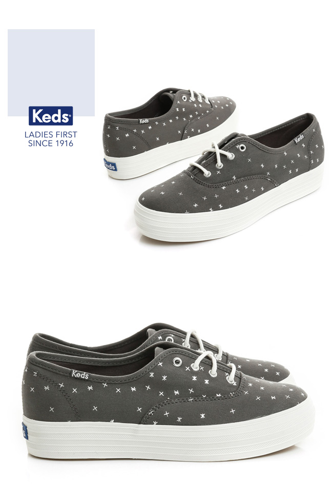 Keds TRIPLE 燙金圖騰厚底綁帶休閒鞋-深灰石