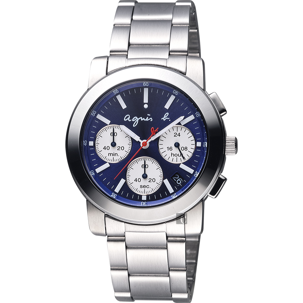 agnes b.自由國度三眼計時腕錶(BT3029X1)-藍x銀/38mm