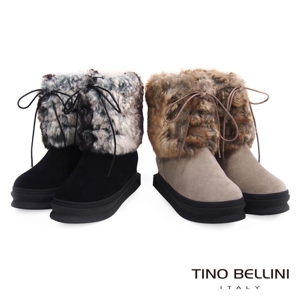 Tino Bellini 愛斯基摩混色兔毛厚底綁帶雪靴_淺駝