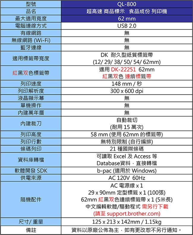 Brother QL-800 超高速 商品標示食品成分列印機