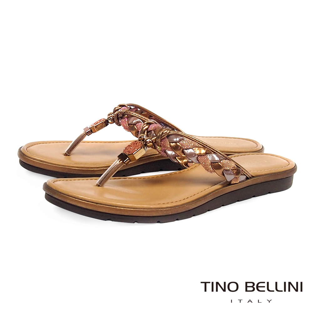 Tino Bellini 義大利進口典雅麻花飾釦夾腳拖鞋 _古銅棕