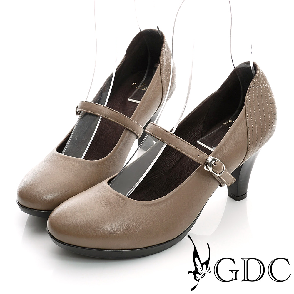 GDC都會-縫線造型瑪莉珍真皮中跟鞋-卡其色
