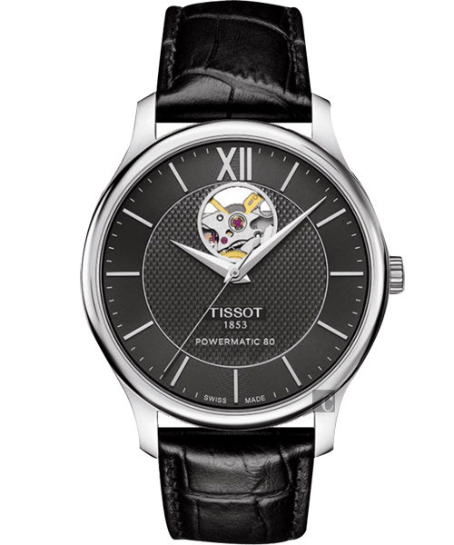 TISSOT 天梭 Tradition 80小時動力鏤空機械皮帶腕錶-黑/40mm