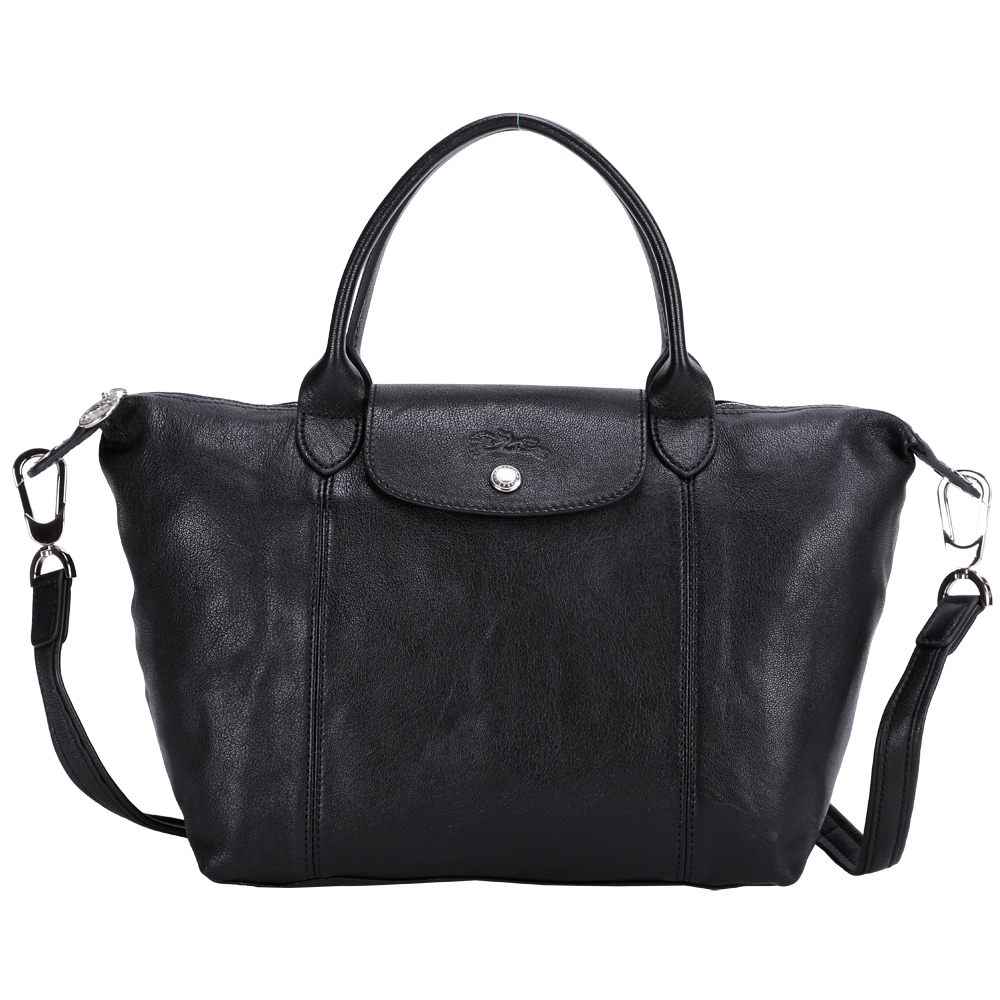 LONGCHAMP Le pliage Cuir 短把皮革摺疊兩用包(小/黑色)