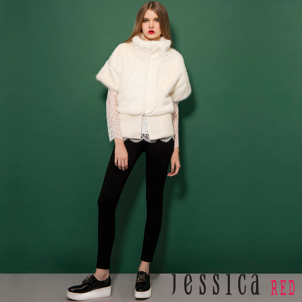 JESSICA RED-保暖絨毛拼接五分袖外套(白)