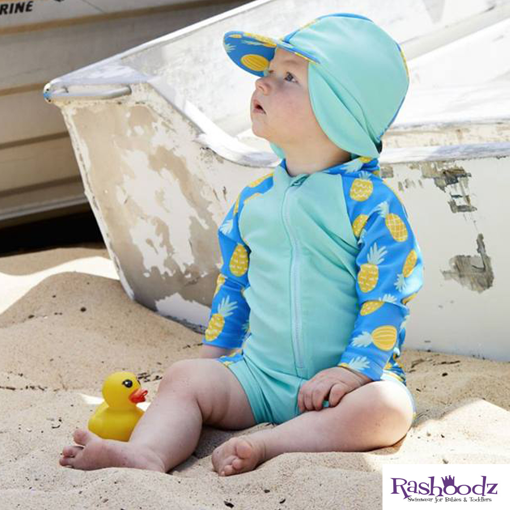 澳洲 RASHOODZ 兒童抗UV防曬連身泳衣附遮陽帽 (鳳梨派對)