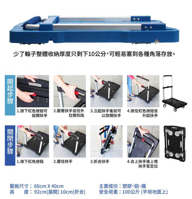 TRENY四輪收納塑鋼手推車 - 荷重100公斤-藍色