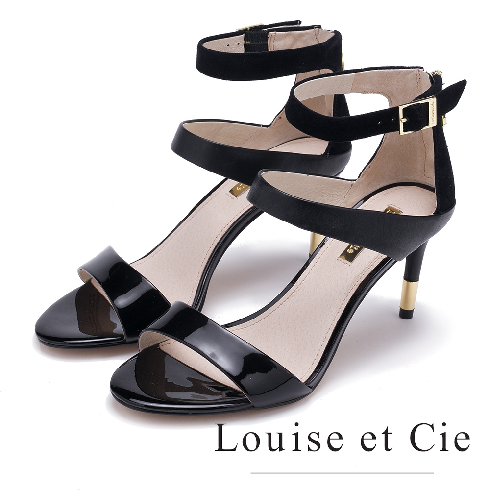 Louise et Cie 高質感拼接面尖頭高跟涼鞋-鏡黑