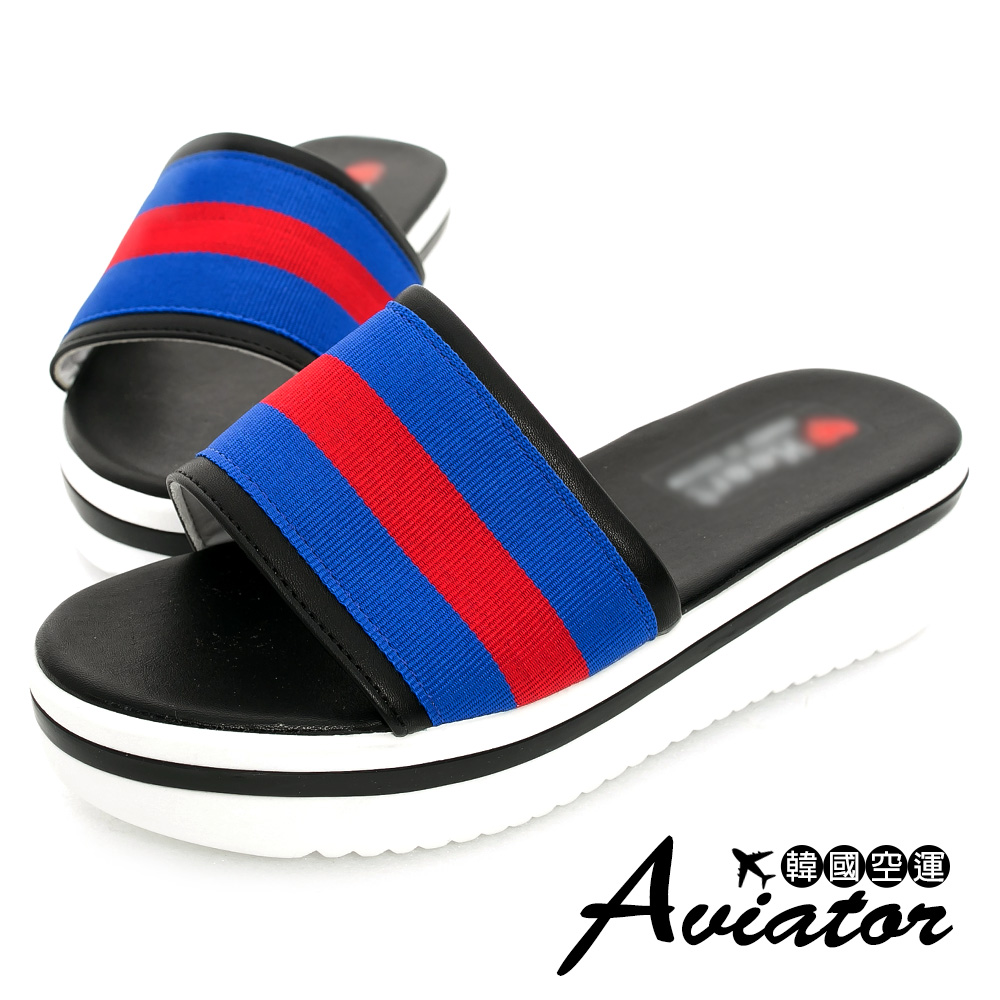 Aviator*韓國空運-正韓製一字寬版條紋厚底拖鞋-藍紅