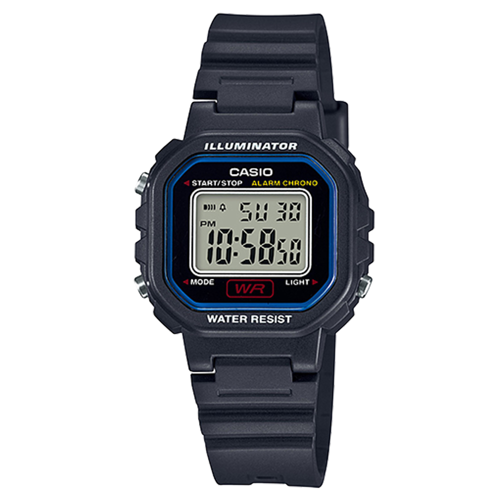 CASIO 黑色炫風方形電子錶(LA-20WH-1C)-藍線框/30.4mm