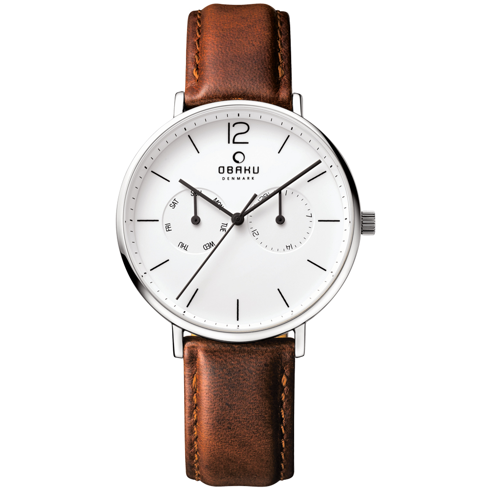 OBAKU  丹麥皇家簡約雙眼時尚腕錶-白x咖啡/40mm
