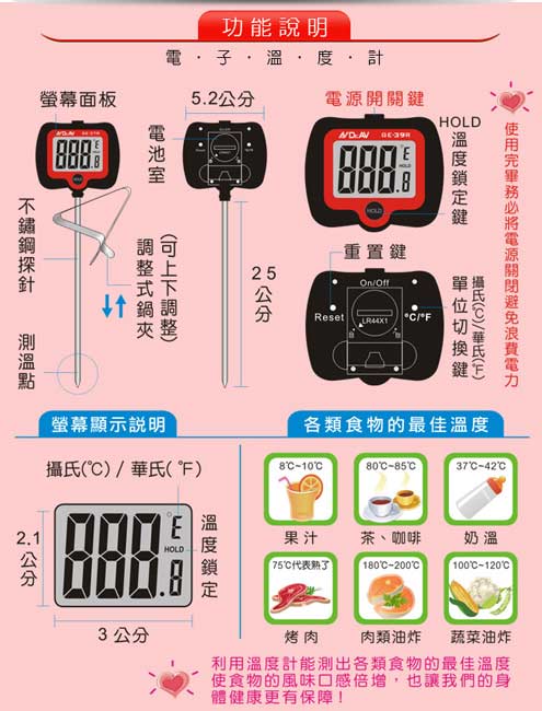聖岡 GE-39R 營業用 加長型旋轉大螢幕精準溫度計(台灣獨創設計).