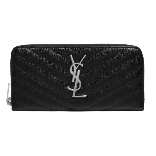 YSL MONOGRAM系列V字縫線魚子醬牛皮銀色LOGO拉鍊手拿長夾(黑)