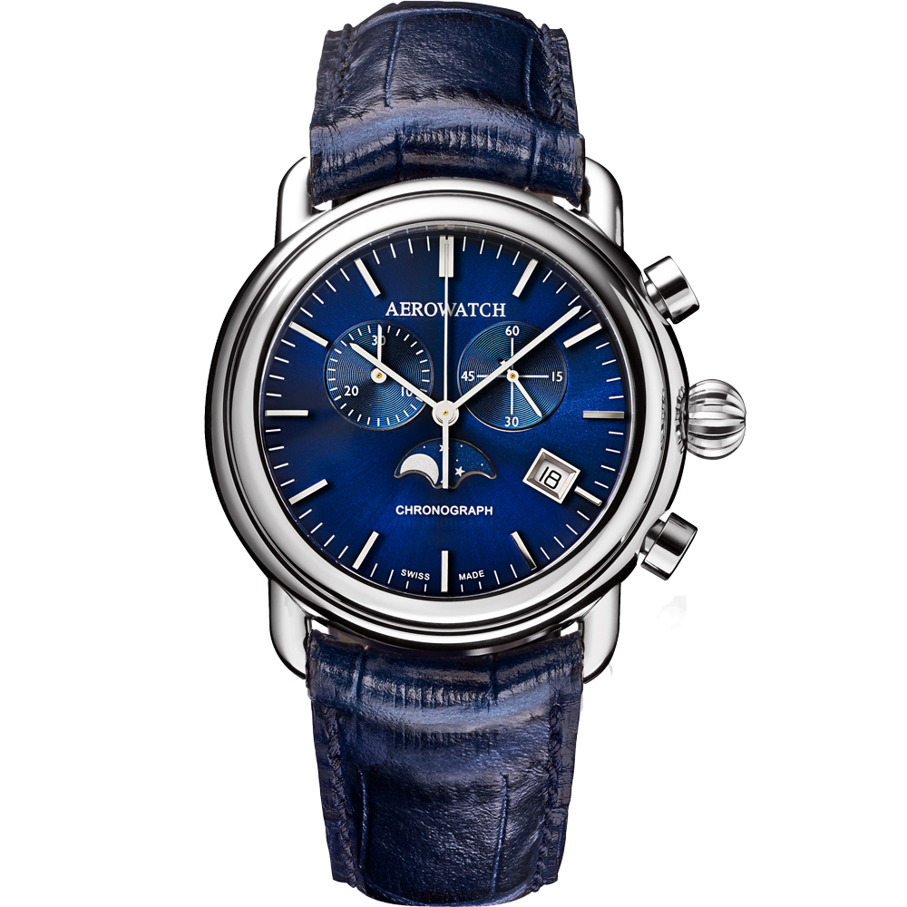 AEROWATCH 太陽飾紋經典月相計時腕錶-藍/42mm