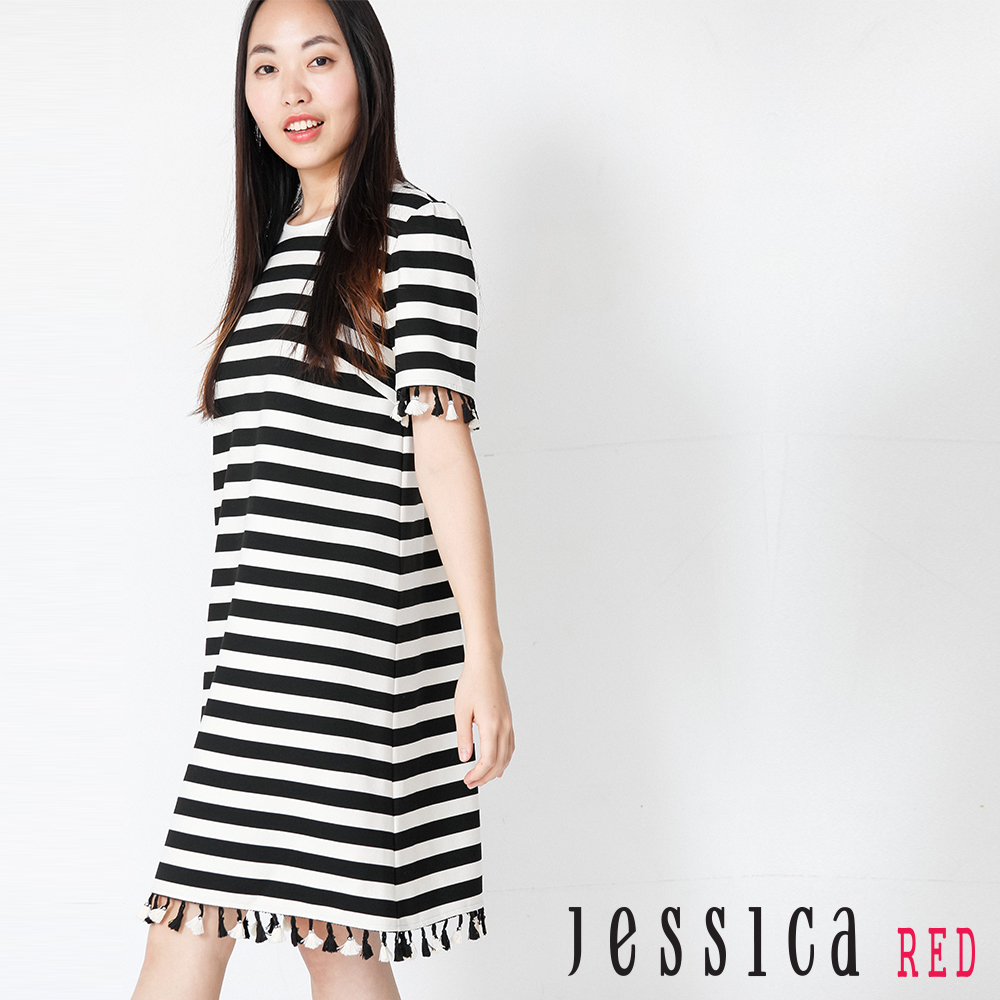 JESSICA RED - 寬版條紋流蘇綴飾洋裝