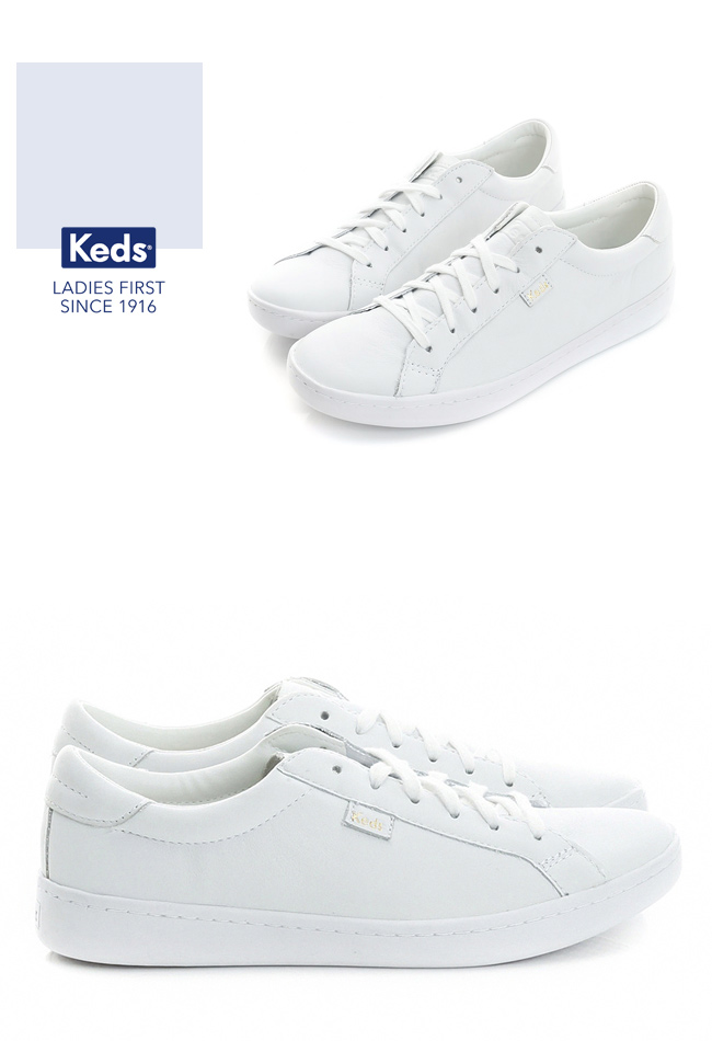 Keds 復古運動皮質綁帶休閒鞋-全白