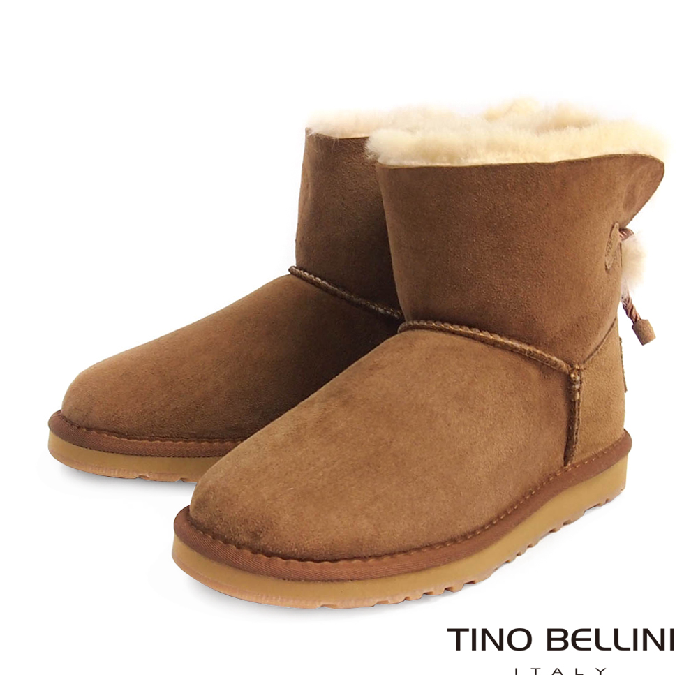 Tino Bellini 不修邊羊皮毛裡繫帶短筒平底雪靴_棕