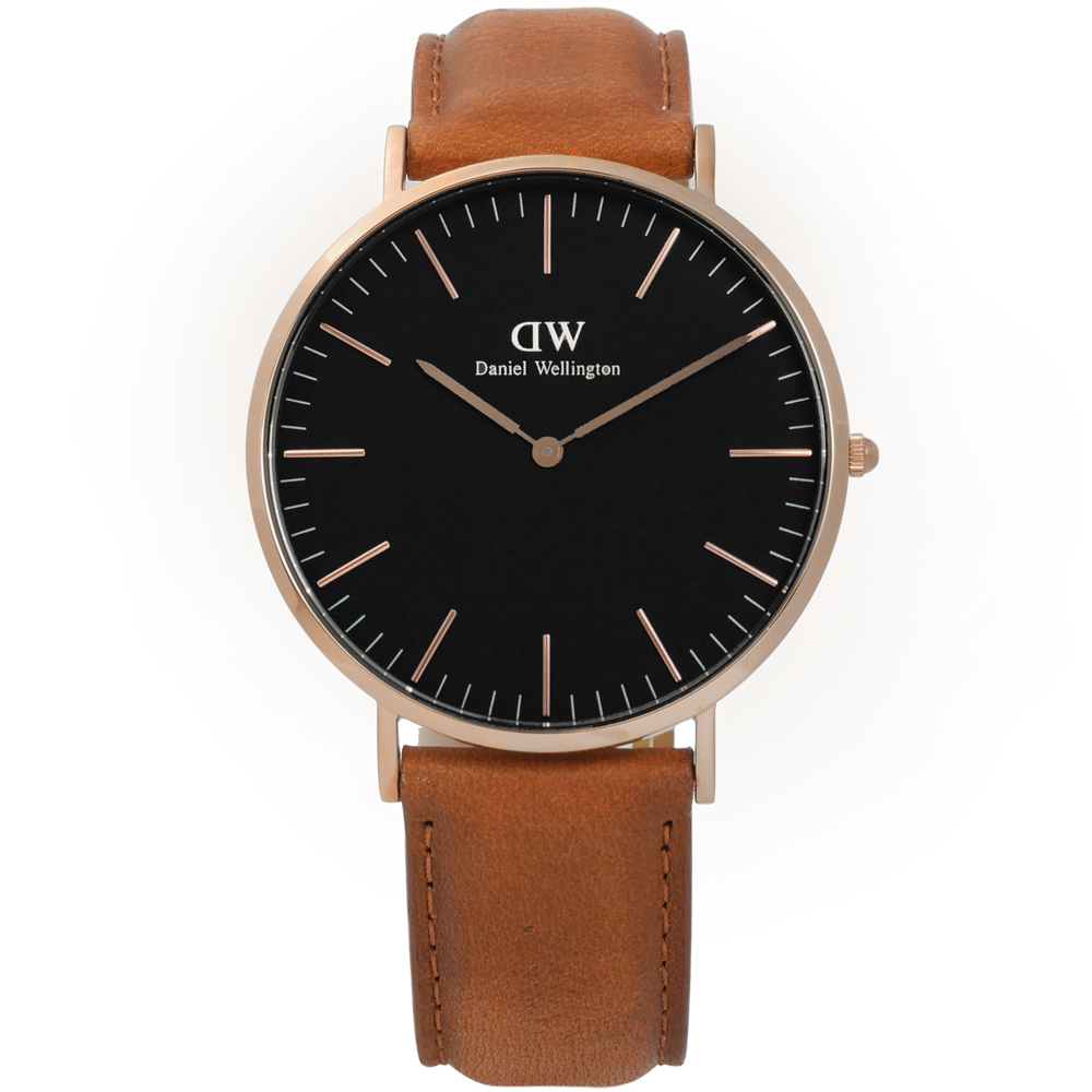 DW Daniel Wellington 真皮手錶-黑x玫瑰金框x淺咖啡/40mm