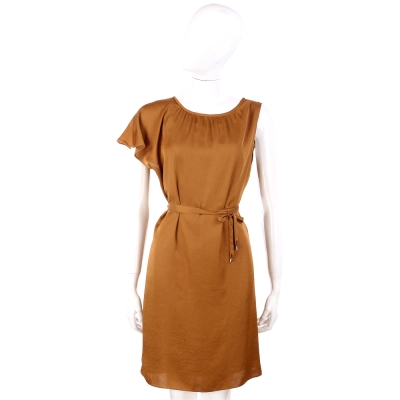 i BLUES 棕色仿緞面單肩荷葉袖設計綁帶洋裝