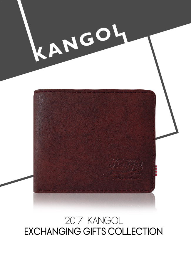 KANGOL 韓式潮流 多夾層橫式短皮夾+鑰匙圈禮盒-皮紋紅