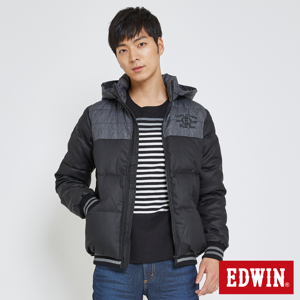 EDWIN 牛仔拼接連帽羽絨外套-男-黑色