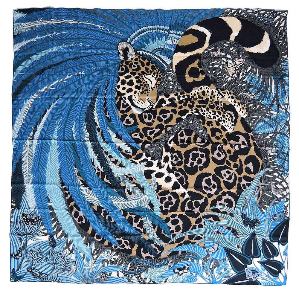 Hermes Quetzal 叢林花豹克什米爾披肩/方巾(藍)