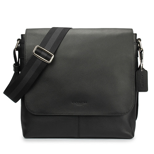 COACH 烙印LOGO 荔枝紋皮革黑灰織帶男用翻蓋斜背方包-黑色