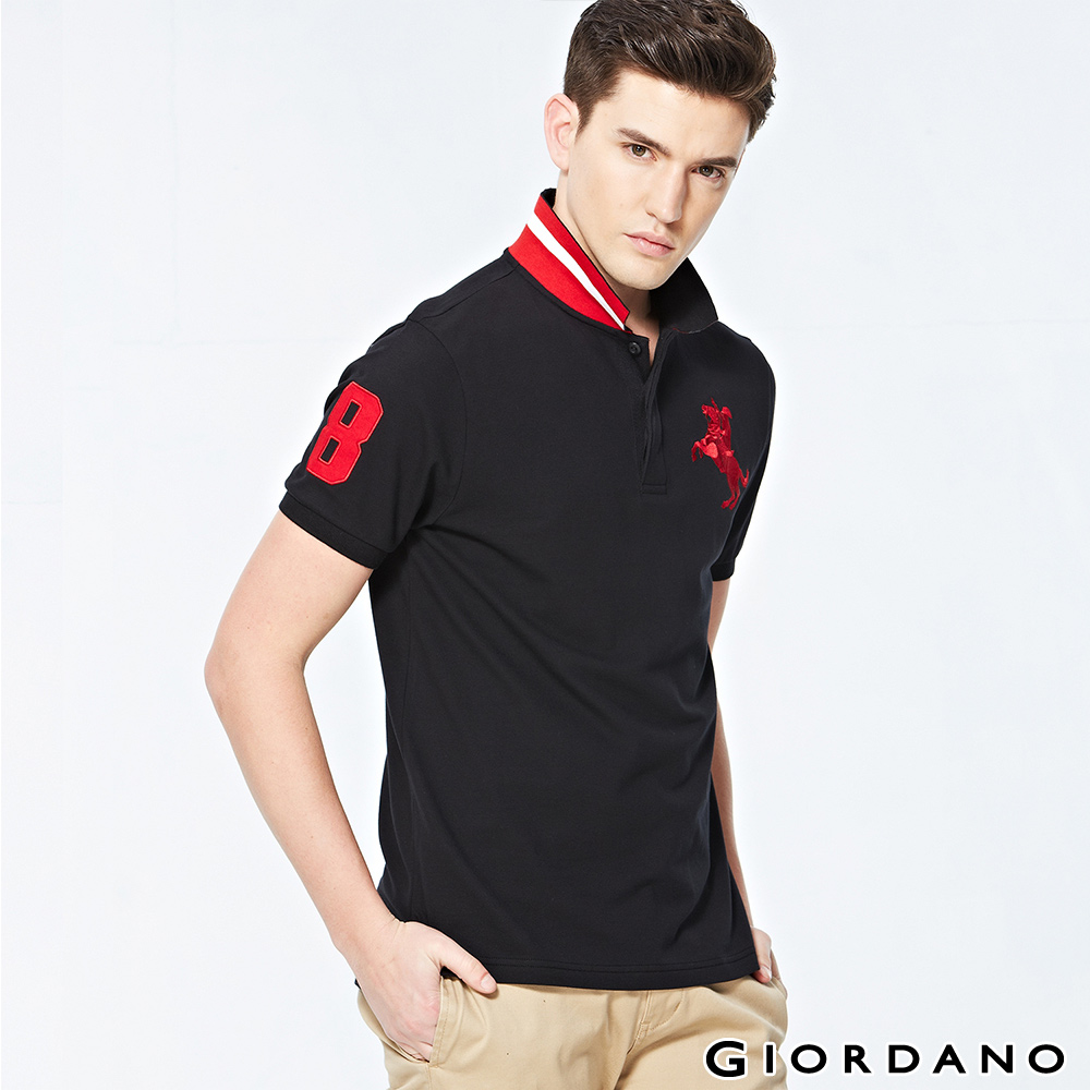 GIORDANO 男裝拿破崙刺繡彈性POLO衫 - 11 標志黑色