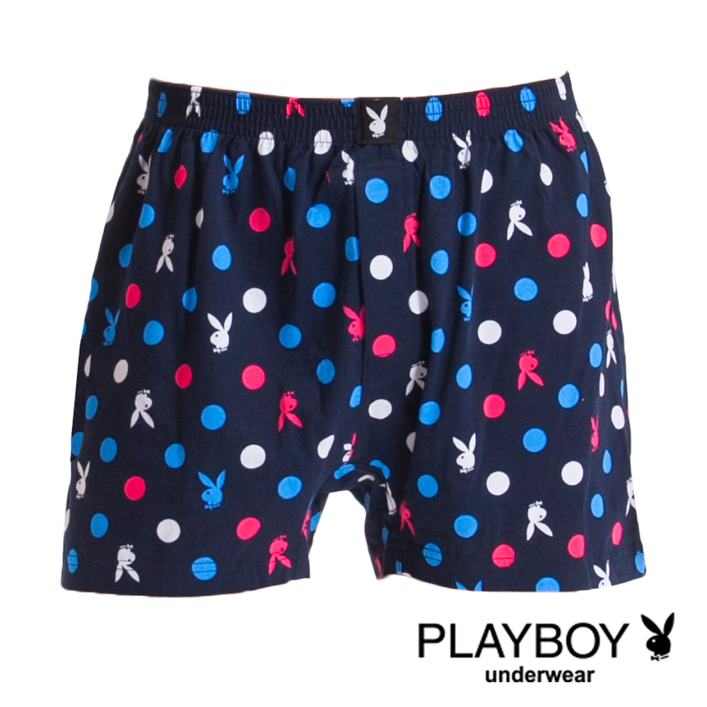 PLAYBOY LOGO印花純棉四角褲-單件(藍底紅彩圈)