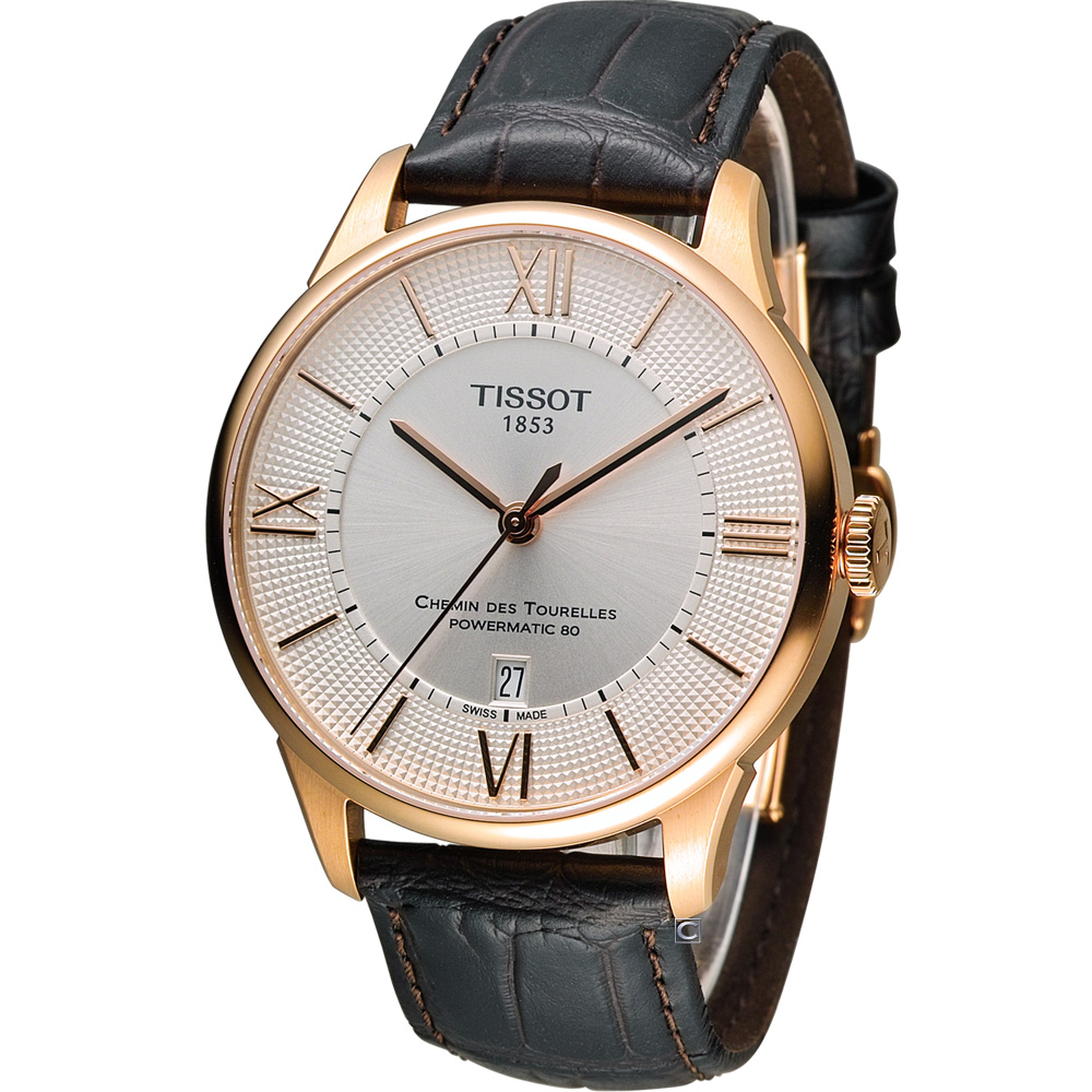天梭 TISSOT 杜魯爾系列80小時紳士機械腕錶-銀x玫瑰金色/42mm