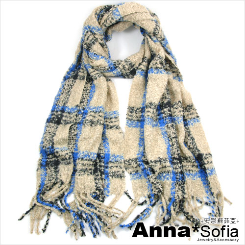 AnnaSofia 虛線格圈絨款 鬆軟毛線織圍巾(米底藍線)