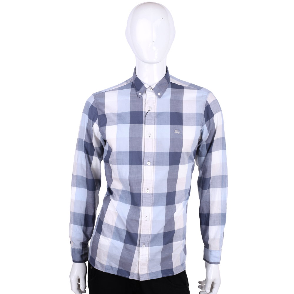 BURBERRY 小方格棉質長袖襯衫(男款/藍色)