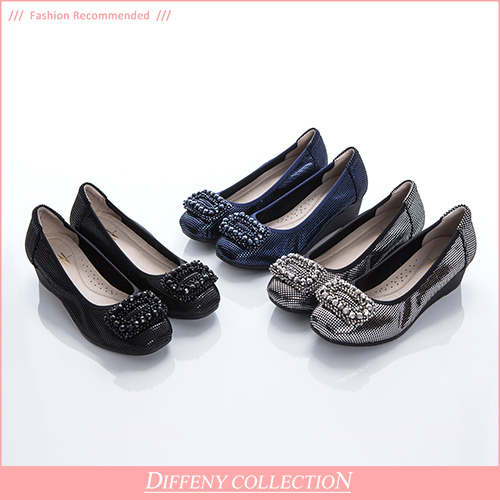 DN 優雅名媛 牛皮拼接方鑽楔型包鞋-灰