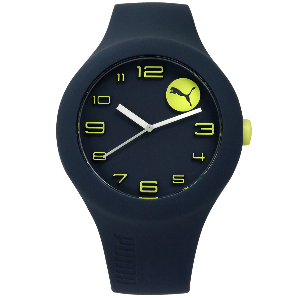 PUMA 享受速度快感運動矽膠手錶-黃深藍色/47mm