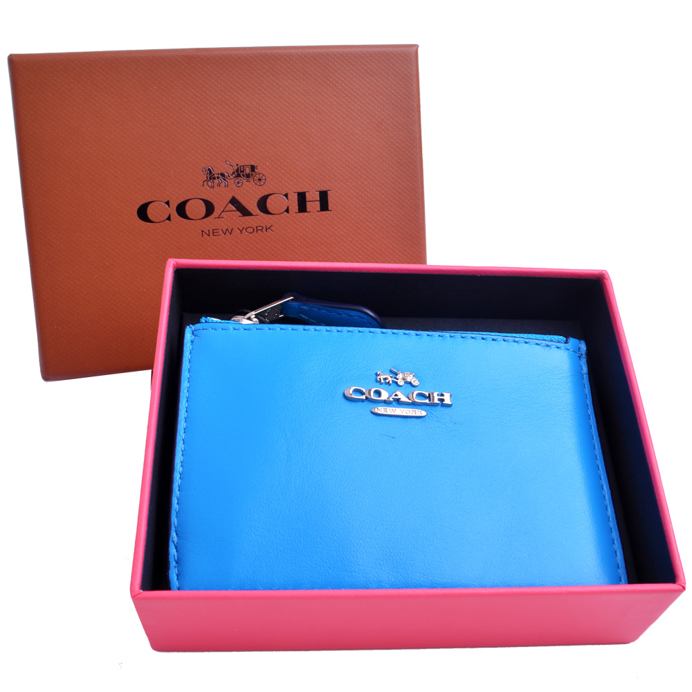 COACH  立體馬車LOGO卡夾/零錢鑰匙包-藍(附原廠禮盒)