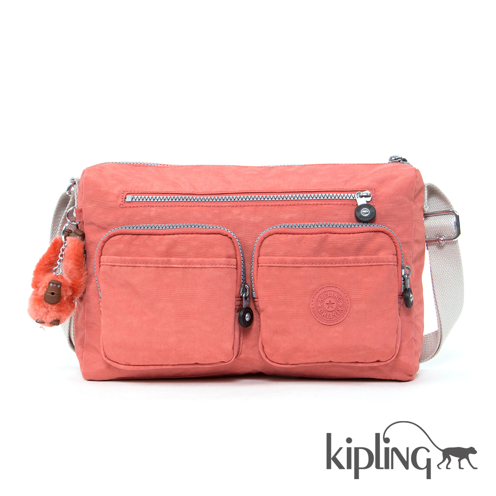 Kipling 斜背包 粉橘素面-中