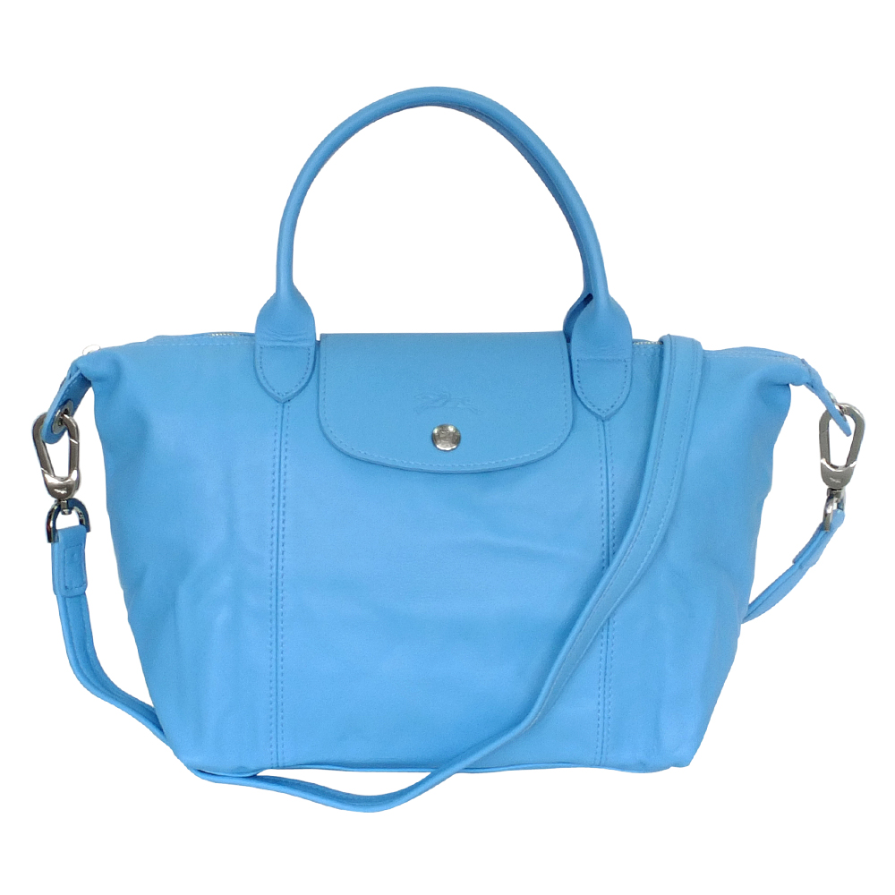 LONGCHAMP LE PLIAGE CUIR 羊皮短把手提/斜背包(小/天空藍)