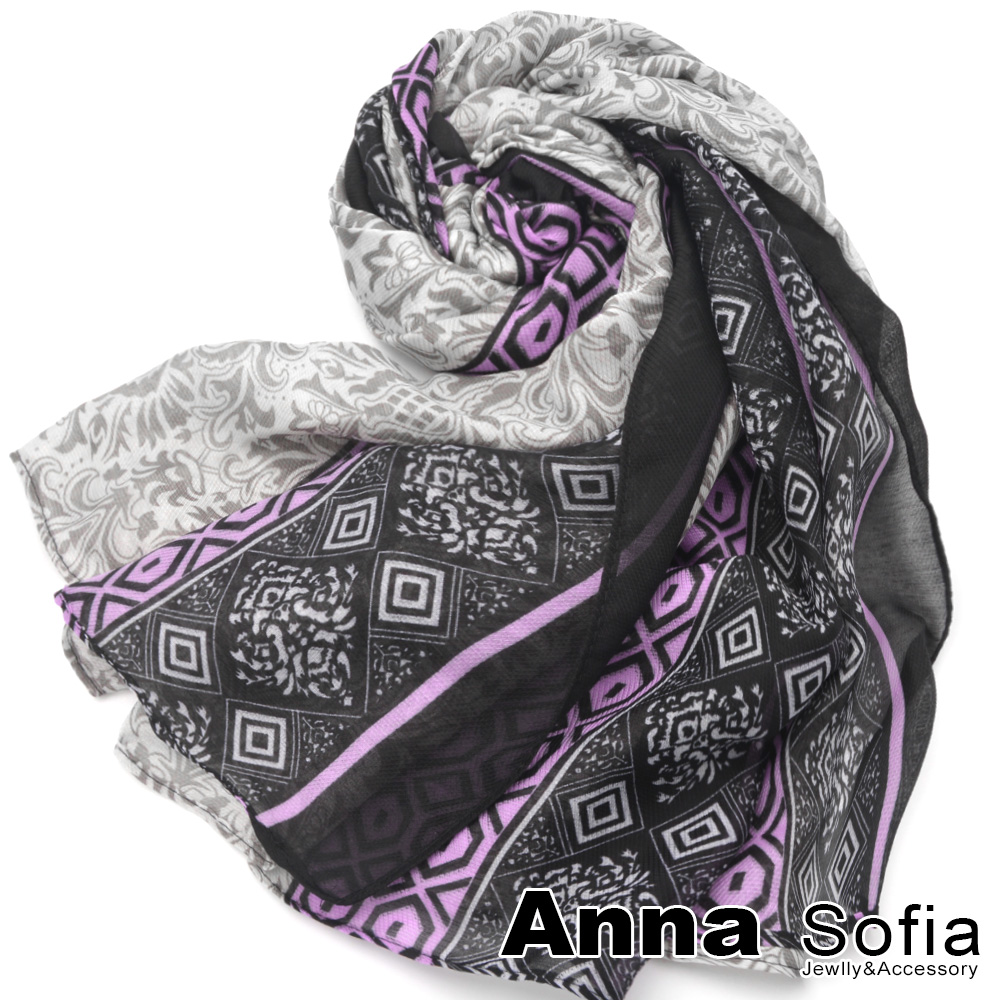 AnnaSofia 古典花綣邊滾色帶 加密材質披肩圍巾(黑桃灰)