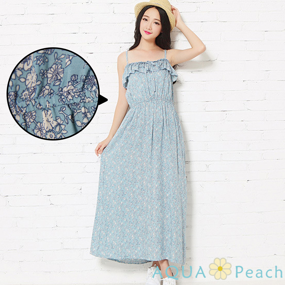 花紋荷葉邊細肩帶洋裝(淺藍色)-AQUA Peach