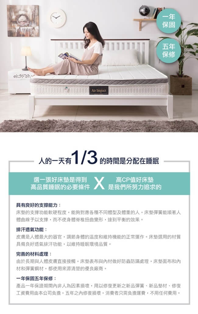 日本直人AIR床墊 3M防水表布/高回彈袋裝獨立筒/3D網透氣邊帶/6尺加大床墊